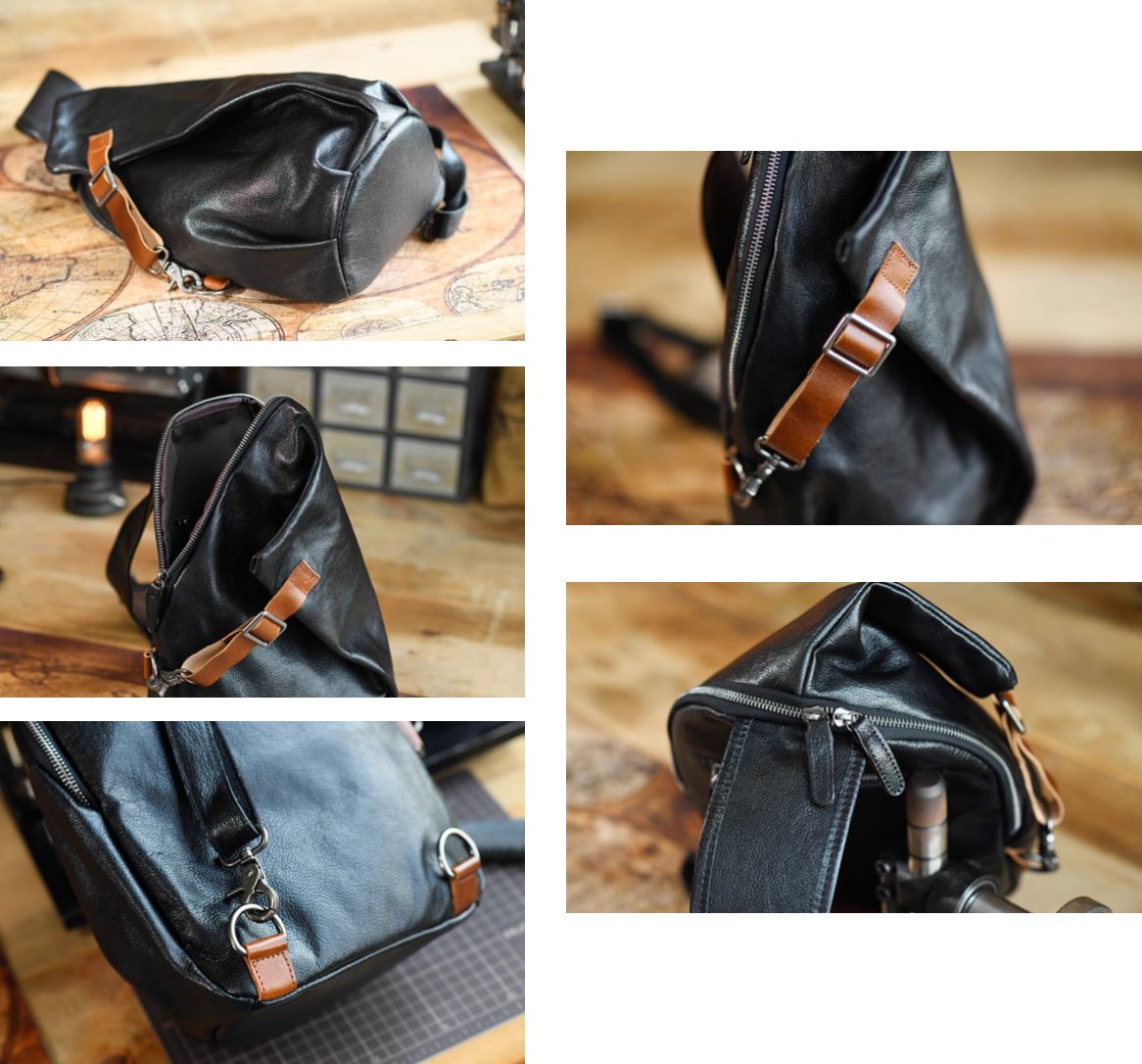 Collage of close-up shots of black leather sling bag showing zipper, strap, D-ring base, and stitching details.