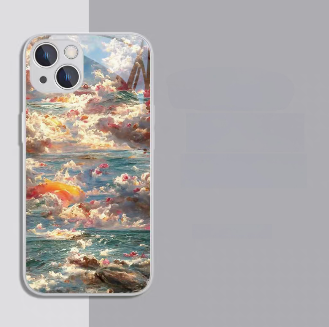 Cold galaxy silver phone case back view with blue ocean waves and cloud painting glossy finish