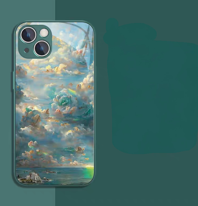 Jade green frame oil painting phone case with cool ocean clouds and rainbow detail glossy design