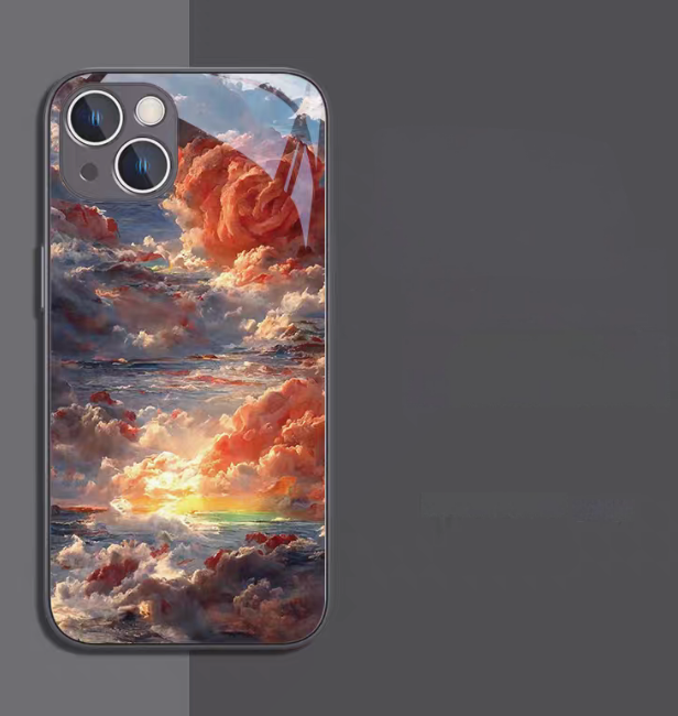 Phantom gray frame artistic oil painting phone case with dramatic sunset clouds and ocean scene glossy finish