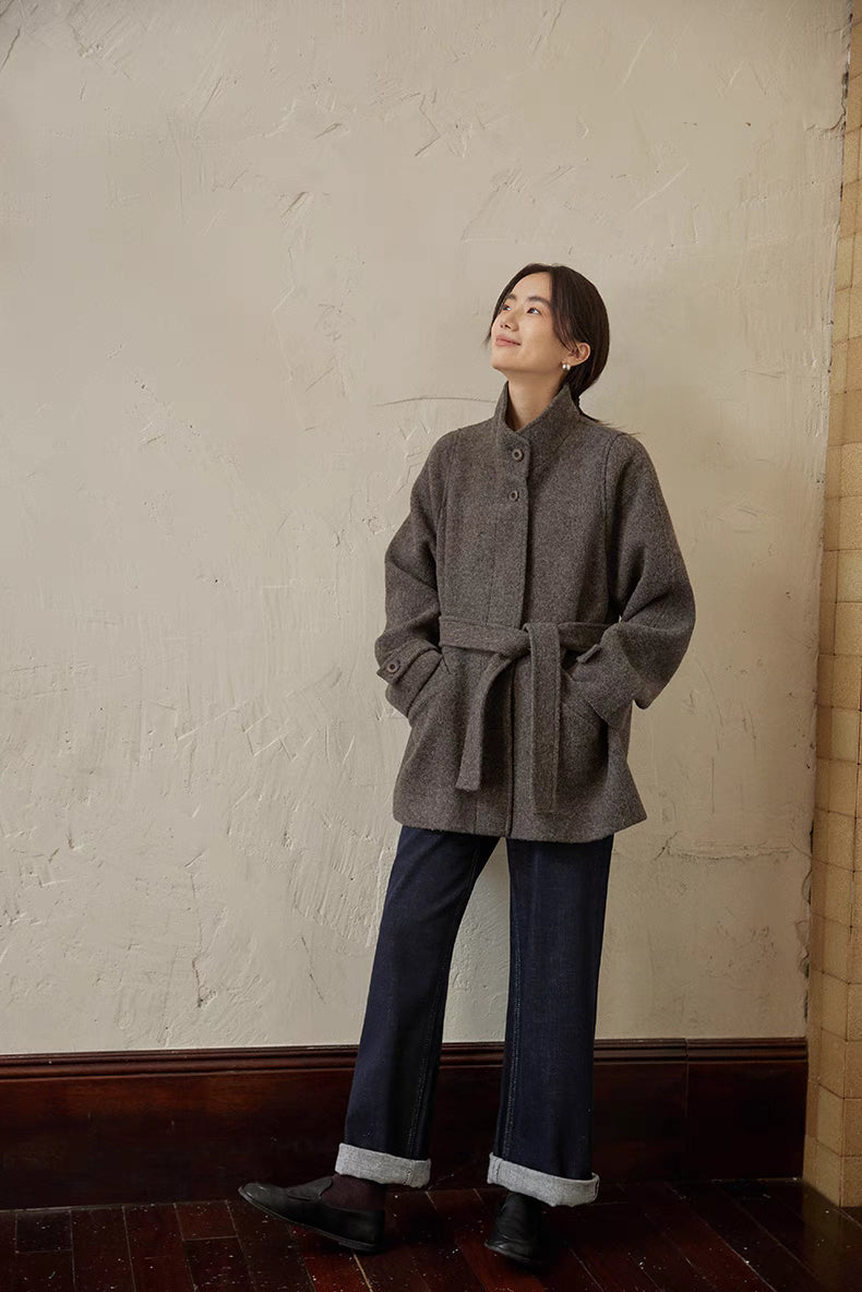 Gray wool belted jacket full body styling with relaxed fit and casual rolled pants pairing