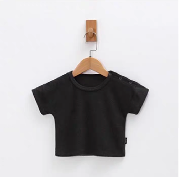 Charcoal baby terry cotton short sleeve top hanging on wooden hanger front view