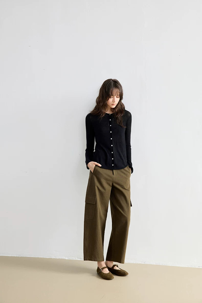 Black wool knit cardigan, full-length front view