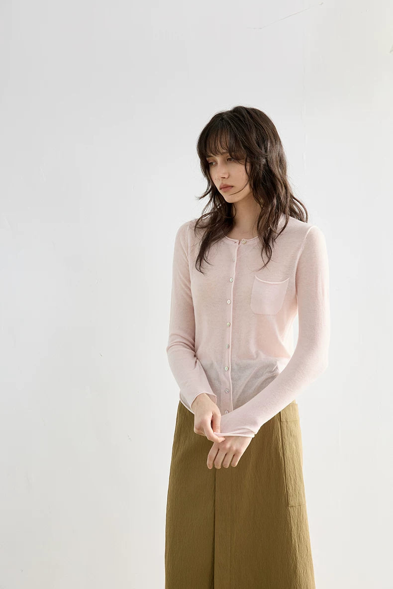 Blush Pink wool knit cardigan, close front view