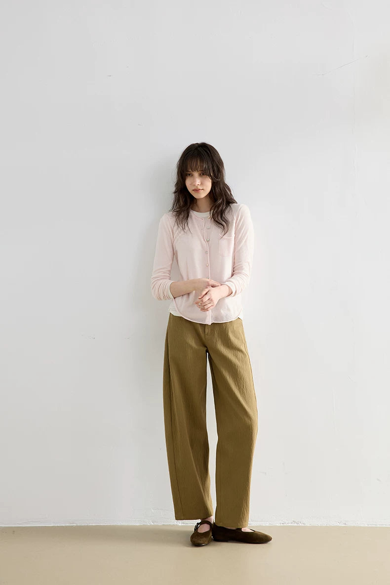 Blush Pink wool knit cardigan, full-length front view