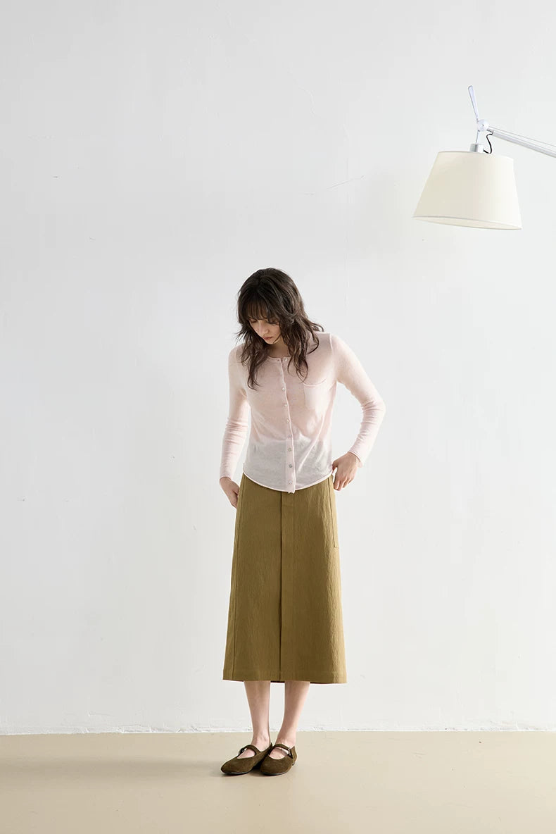 Blush Pink wool cardigan styled with midi skirt, full-length view