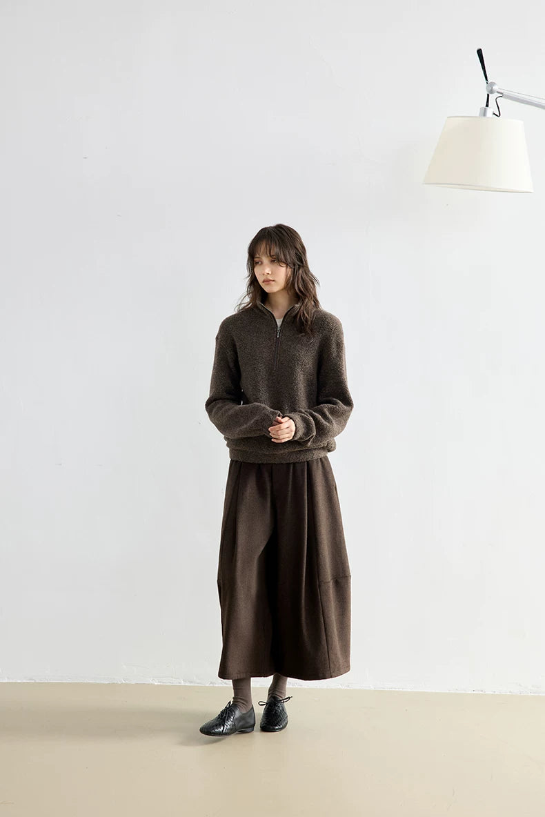 Brown bouclé wool half-zip pullover, full-length front view