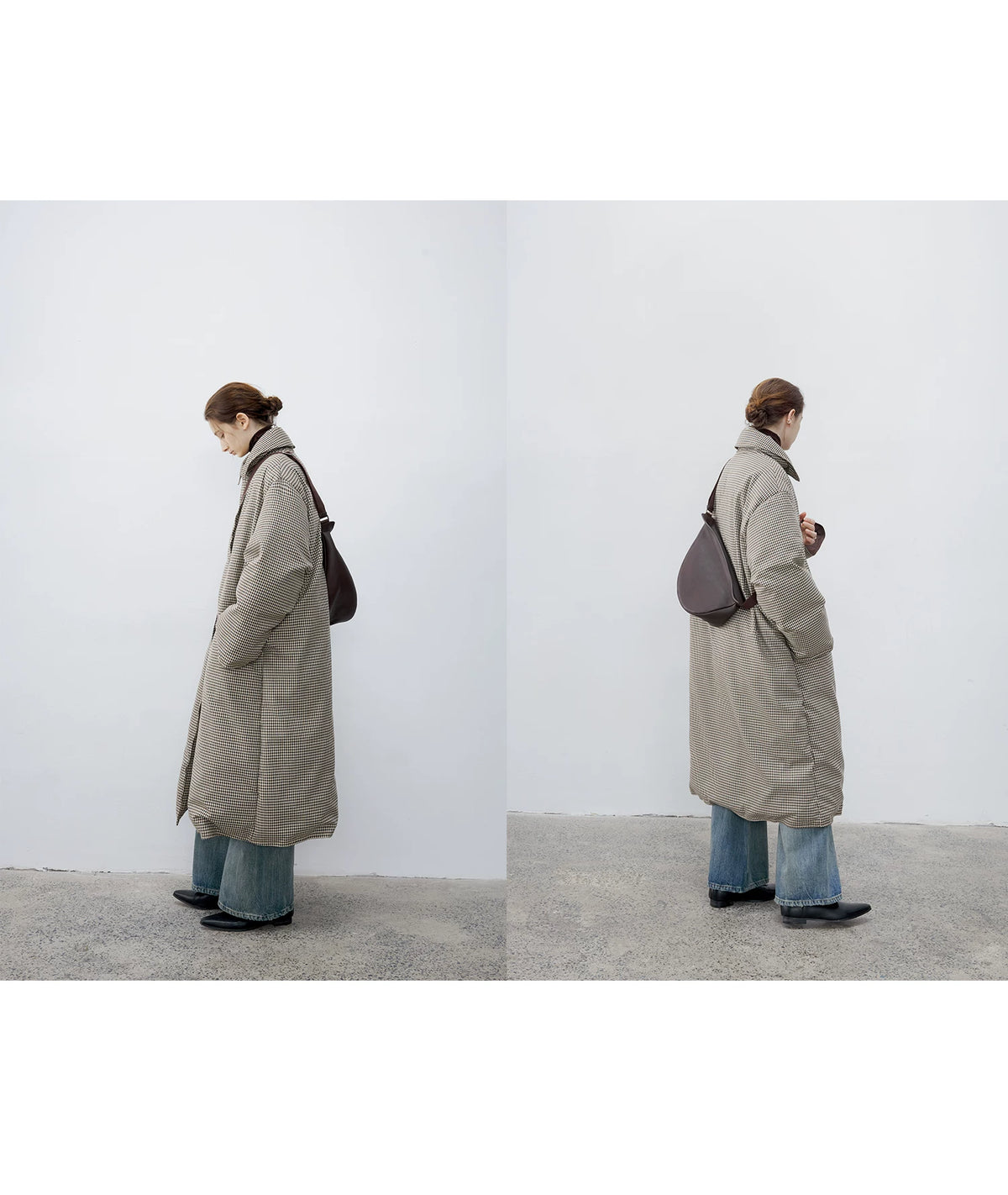 Two side views of a Brown Check long down coat with the collar buttoned up