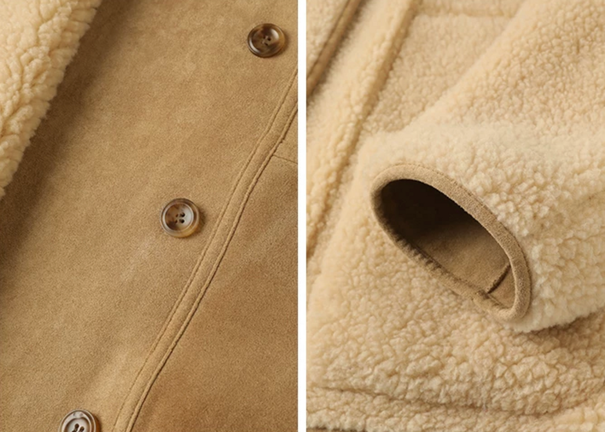 Close-up of a Camel faux-shearling jacket&