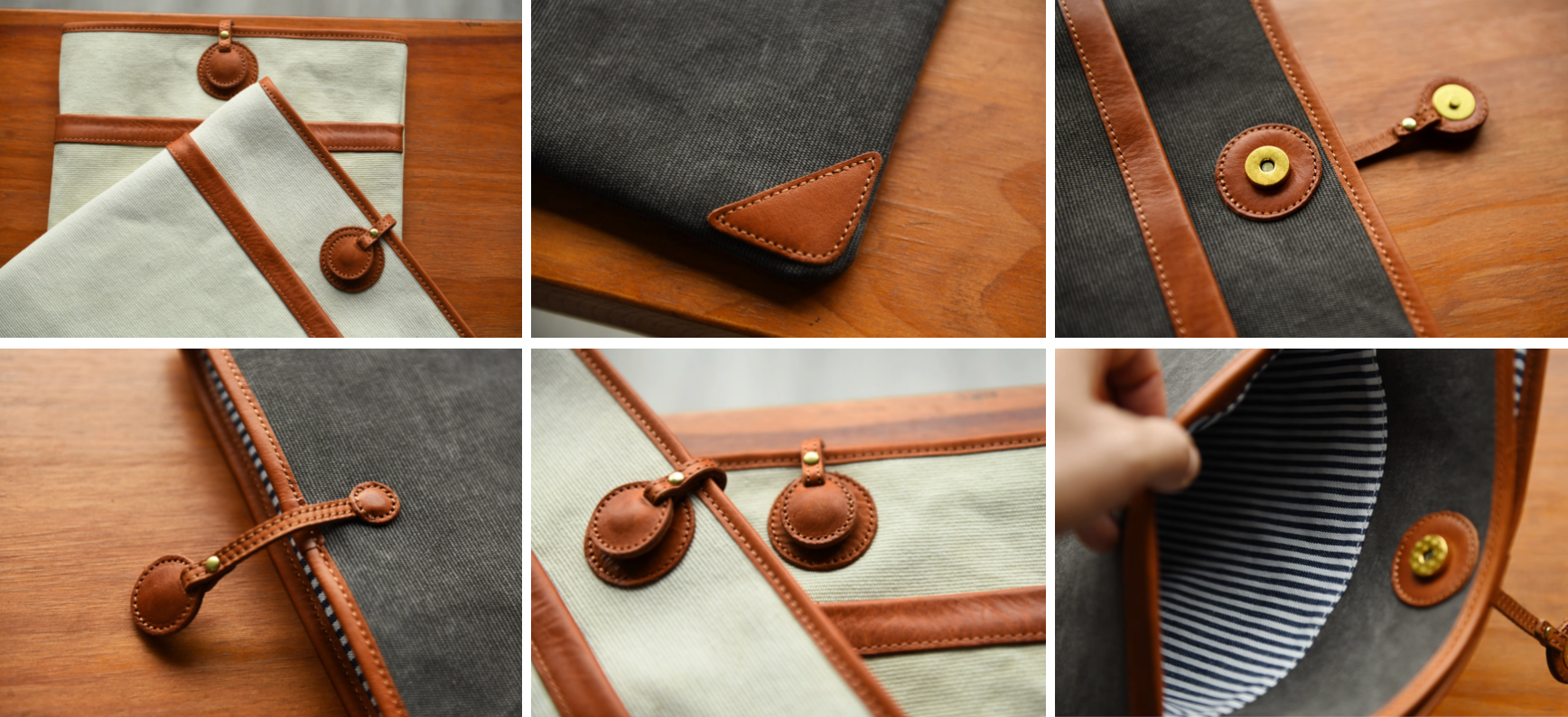 Close-up collage showing leather corner reinforcement, magnetic button tab, and striped interior lining of the canvas laptop sleeve.
