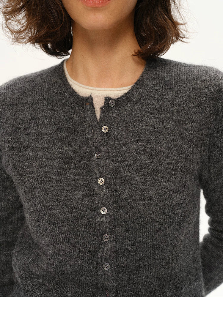 Close-up of charcoal gray alpaca cardigan showing fuzzy texture and buttons