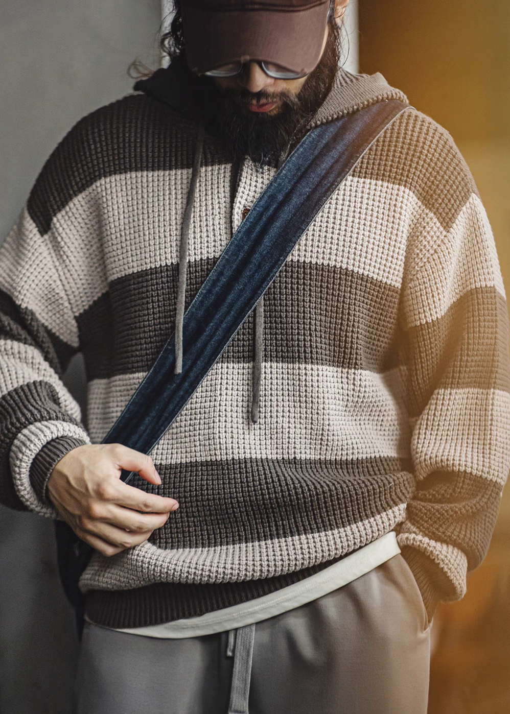 Casual Striped Waffle-Knit Pullover Hoodie Lead Gray Stripes styled with layered outfit showing soft knit fabric drawstring hood and everyday versatility