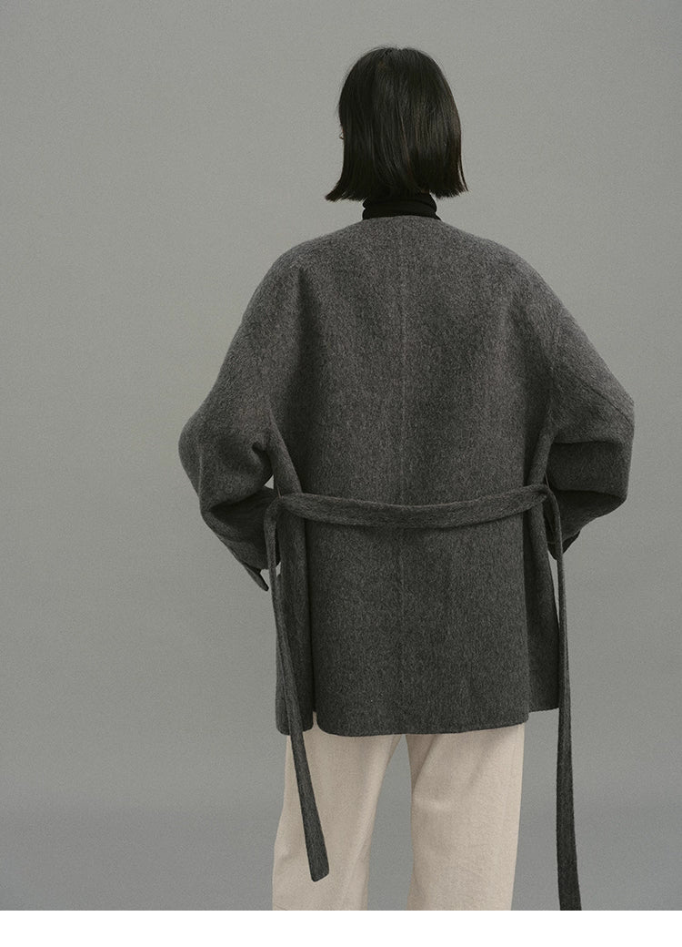 Soft-Structure Charcoal Round-Neck Wool Coat