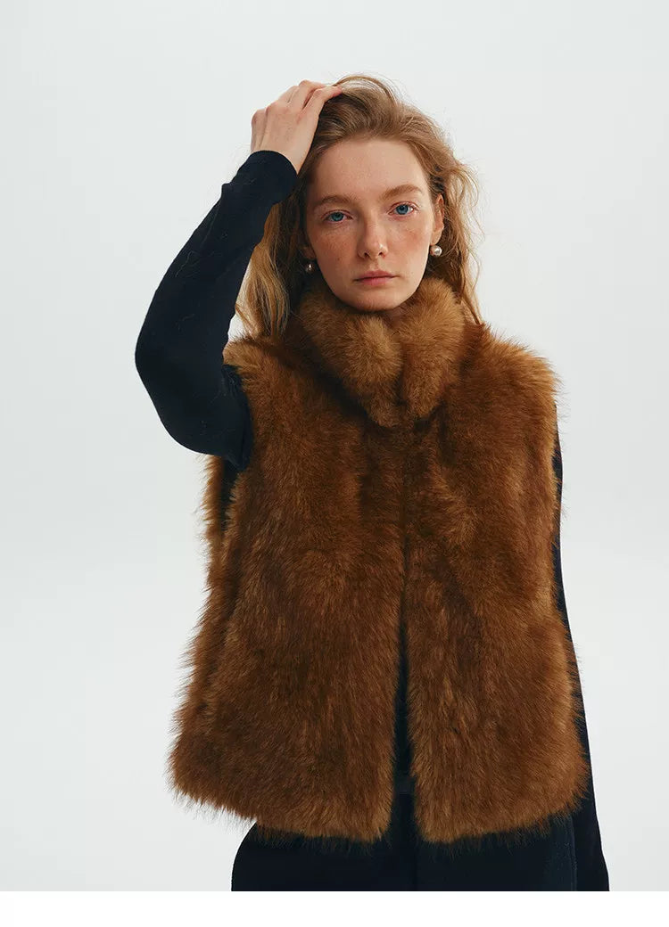 Chestnut long-haired faux fur vest with stand collar and tipped finish