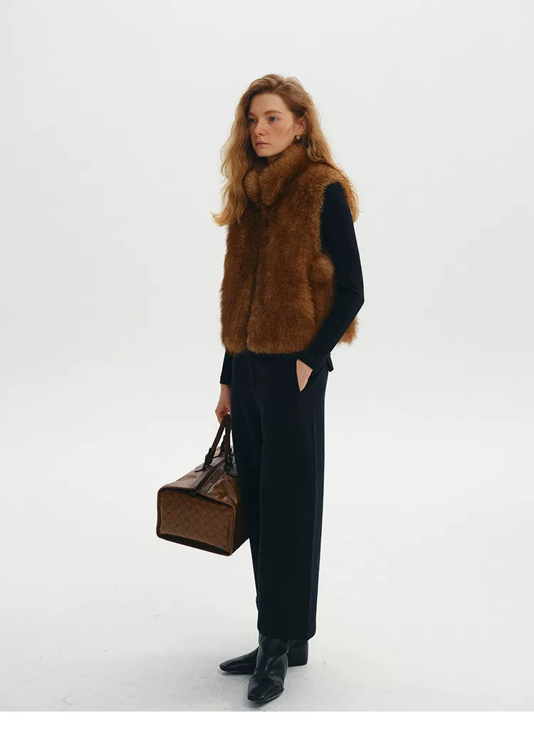 Full-length view of a Chestnut cropped faux fur vest with hidden pocket