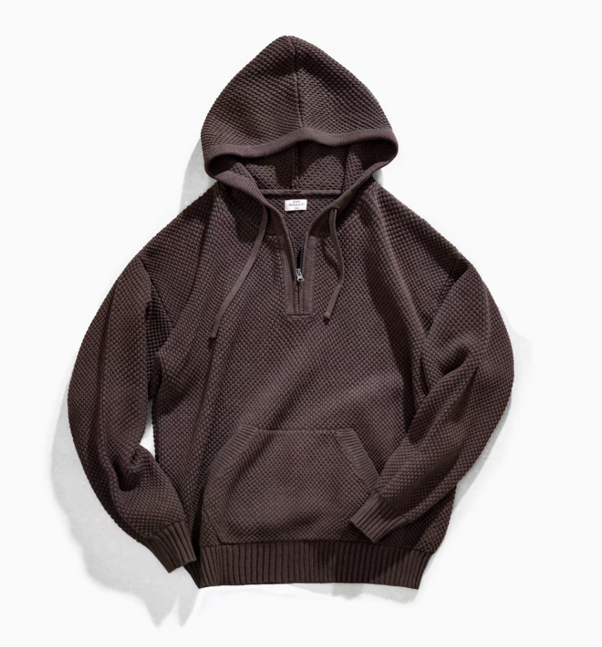 Chunky Waffle Knit Pullover Hoodie coffee front flat lay showing raised waffle texture, quarter zip, hood, and kangaroo pocket
