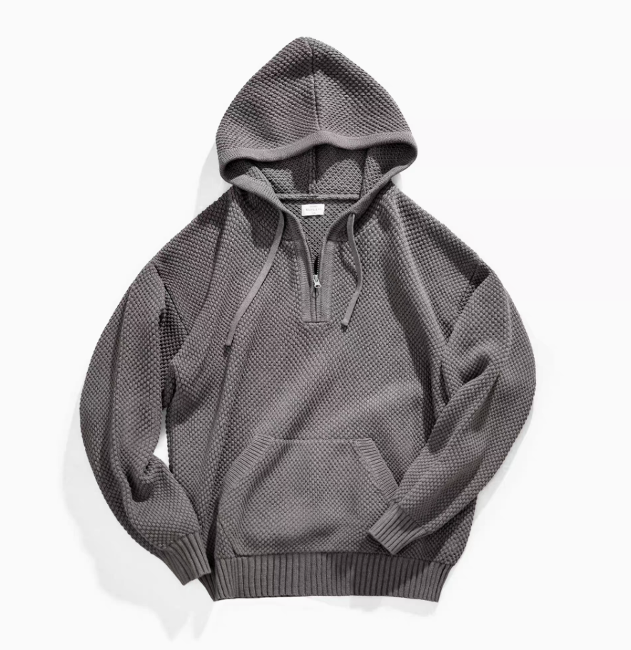 Chunky Waffle Knit Pullover Hoodie gray front flat lay showing raised texture, hood, quarter zip, and kangaroo pocket
