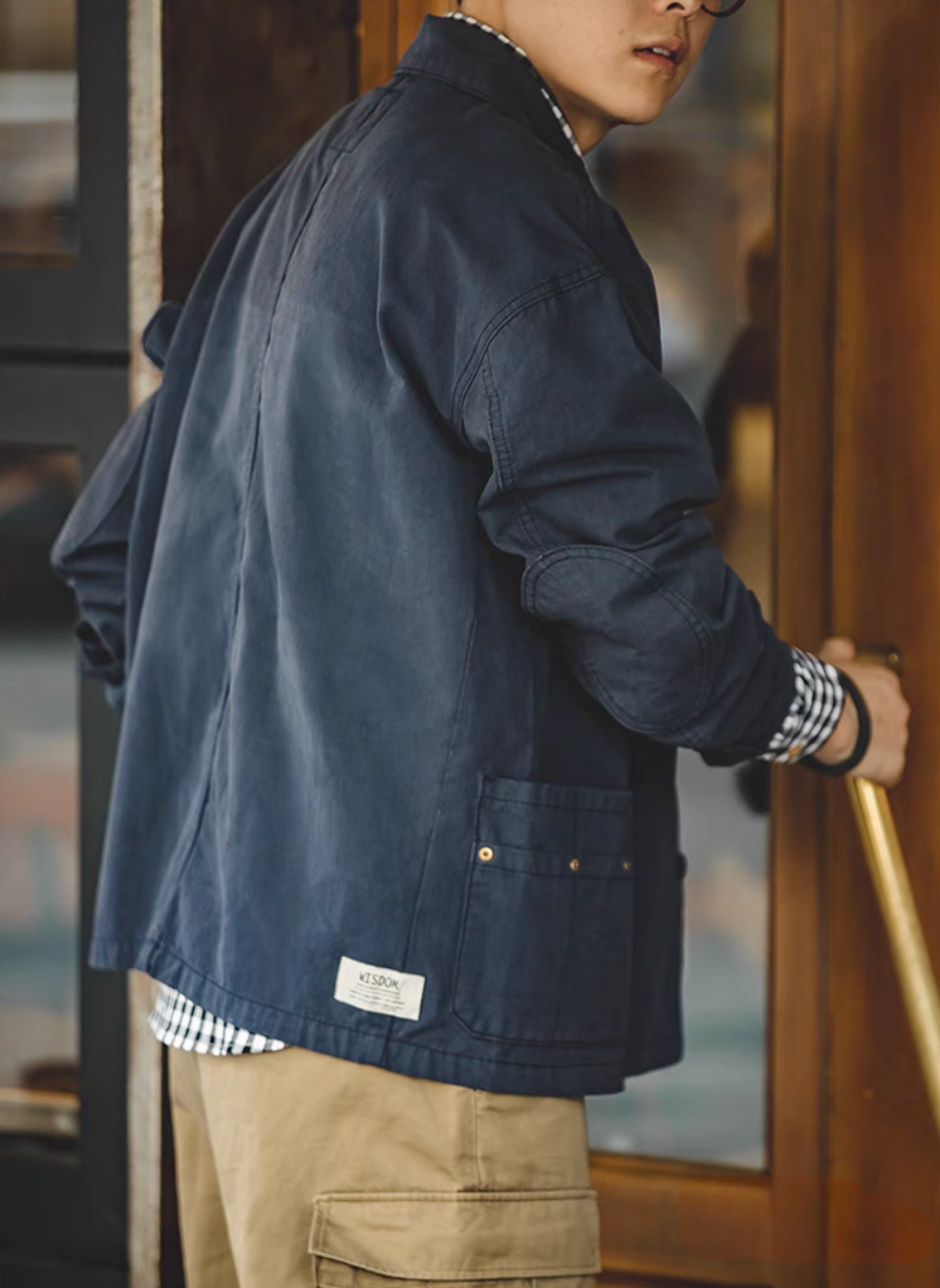 Classic Multi-Pocket Hunting Jacket navy blue back view worn outfit showing relaxed fit and workwear silhouette