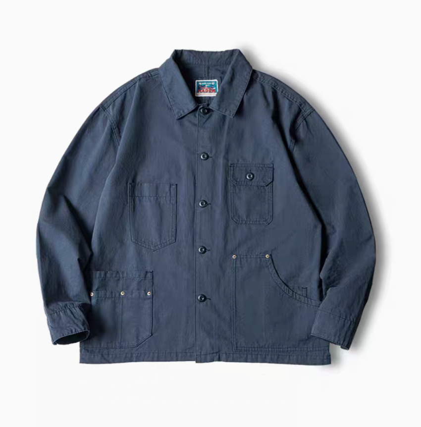 Classic Multi-Pocket Hunting Jacket navy blue front view showing asymmetrical patch pockets and button front design