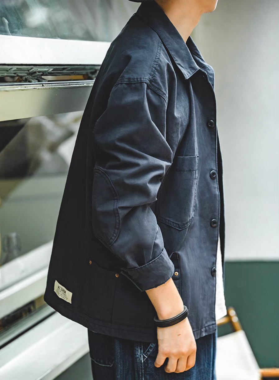 Classic Multi-Pocket Hunting Jacket navy blue side profile highlighting sleeve structure and pocket stitching details
