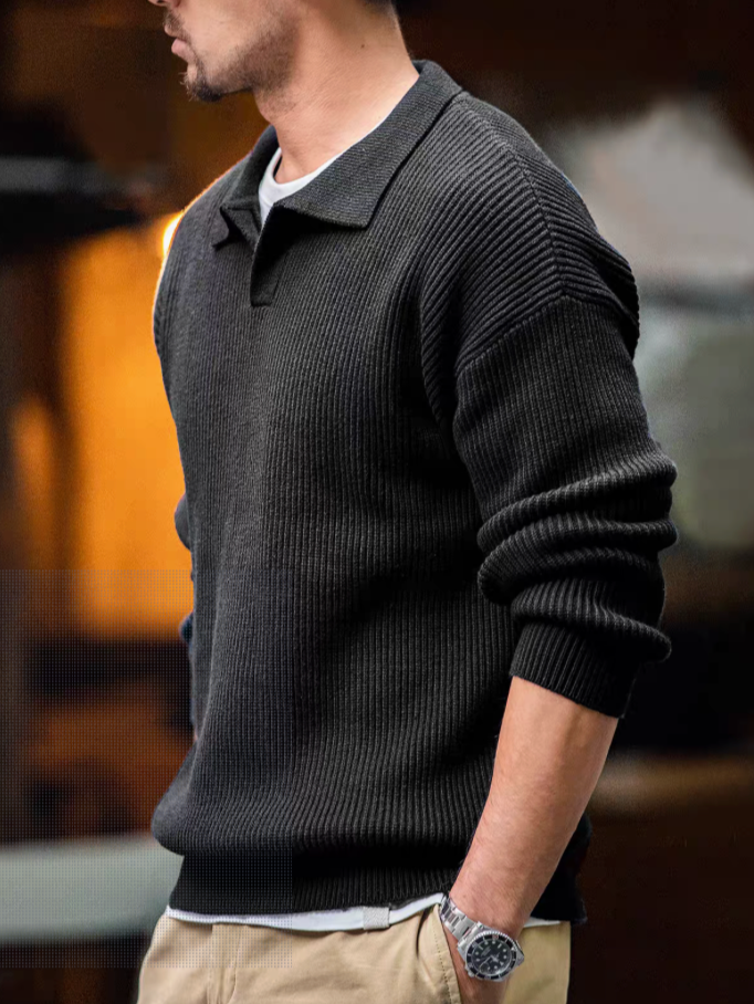 Classic Ribbed Knit Polo Sweater black side view highlighting ribbed texture and comfortable long sleeve fit