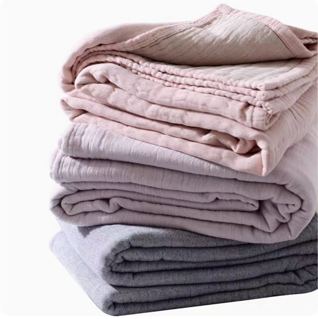 Stacked CloudSoft Four-Layer Gauze Cotton Blankets showing Pink Camel, Purple Blue and Gray Camel color variations