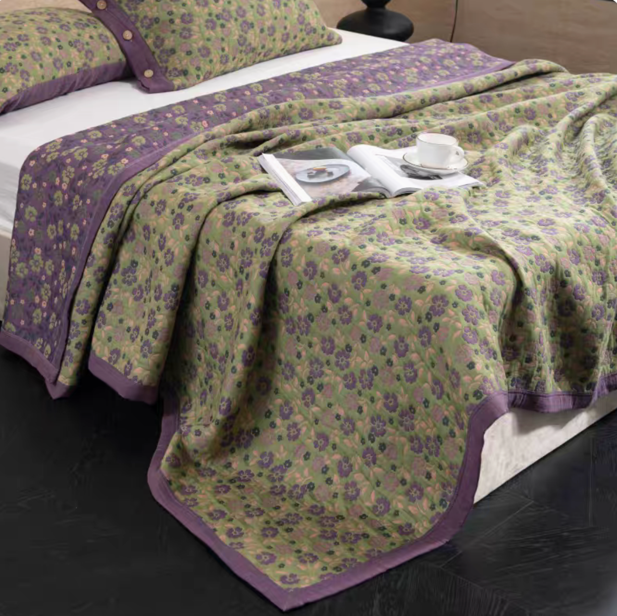 Colorful Harmony Cotton Woven Quilt Vivid Green Floral lightweight cotton quilt with delicate floral pattern