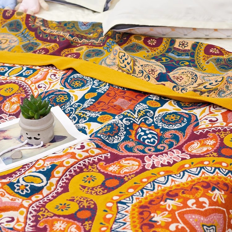 Close-up of Colorful Super Soft Long-staple Cotton Blanket Tibetan Tapestry showing detailed ornamental cotton pattern