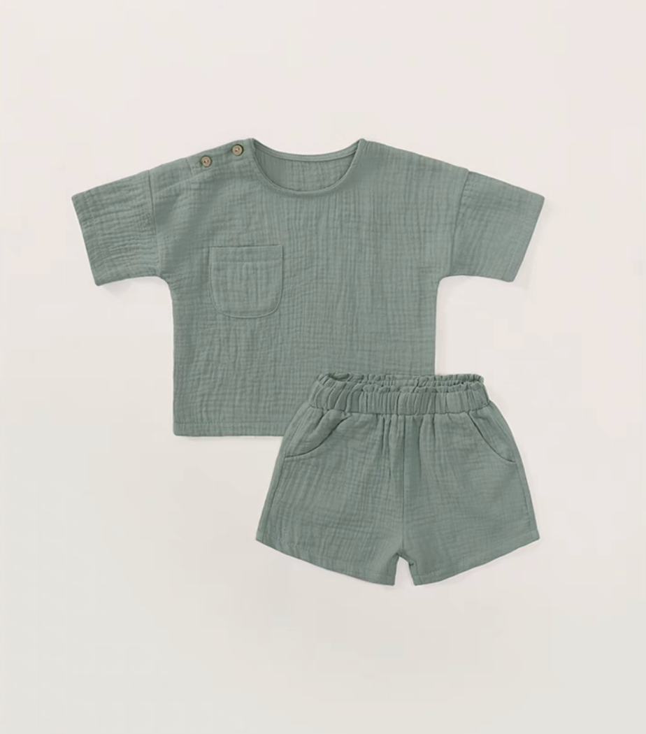 Army green crinkle gauze cotton baby set boxy tee and elastic shorts soft breathable summer outfit