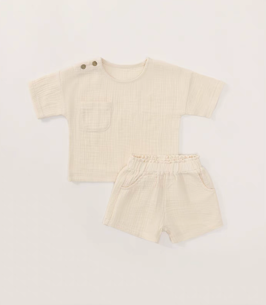 Beige crinkle gauze cotton baby set boxy tee and elastic shorts soft breathable minimal summer outfit