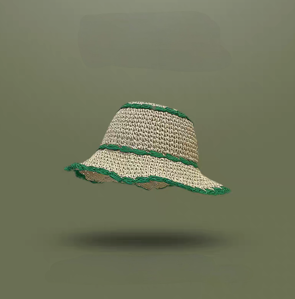 Beige straw bucket hat with green trim soft brim breathable casual summer beach hat