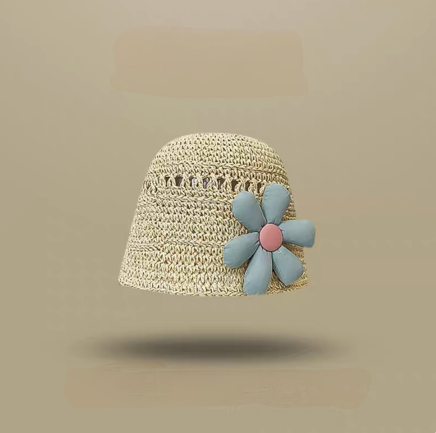 Beige straw bucket hat with blue flower detail soft brim stylish breathable summer beach hat