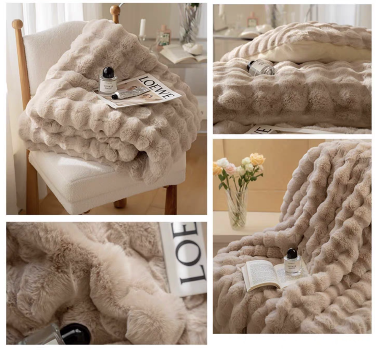 Light coffee faux fur blanket collage showing sculpted plush ridges and ultra soft textured fabric detail