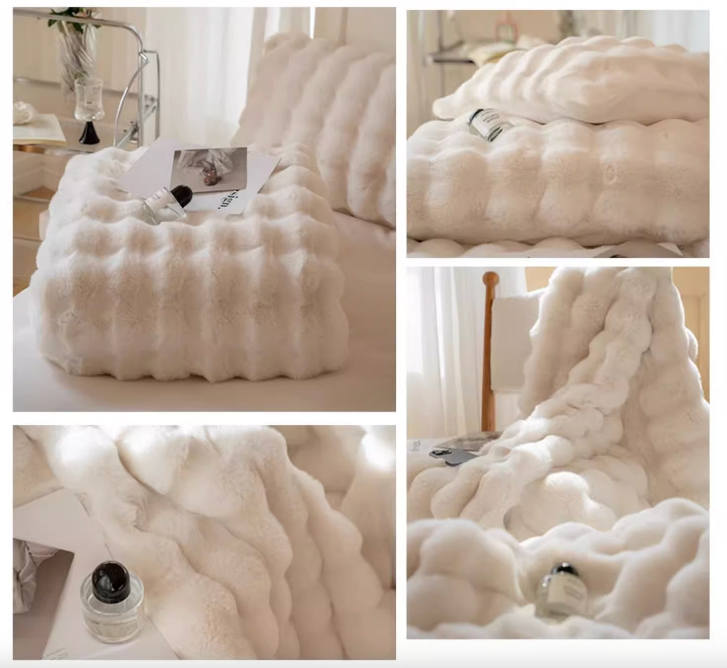 White faux fur blanket detailed collage showing sculpted plush texture and soft luxury fabric close-up views