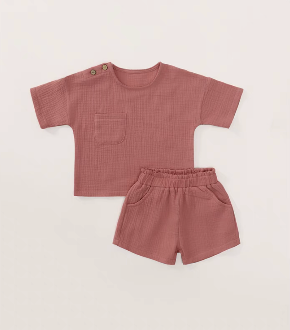 Hot pink crinkle gauze cotton baby set boxy tee and elastic shorts soft breathable summer outfit
