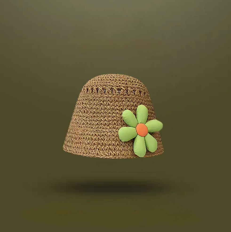 Khaki straw bucket hat with green flower detail soft brim stylish summer beach hat