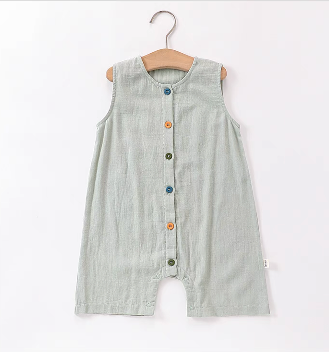 Sage green sleeveless cotton baby romper with colorful button front soft breathable lightweight summer outfit front view