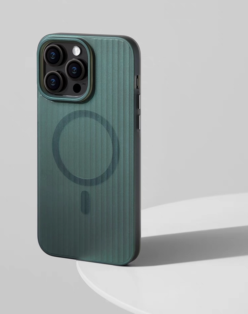 Aurora green ribbed magnetic phone case angled standing on table highlighting slim profile and matte texture