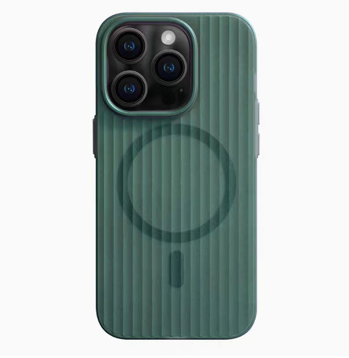 Aurora green vertical ribbed MagSafe phone case back view showing built-in magnetic ring and matte finish