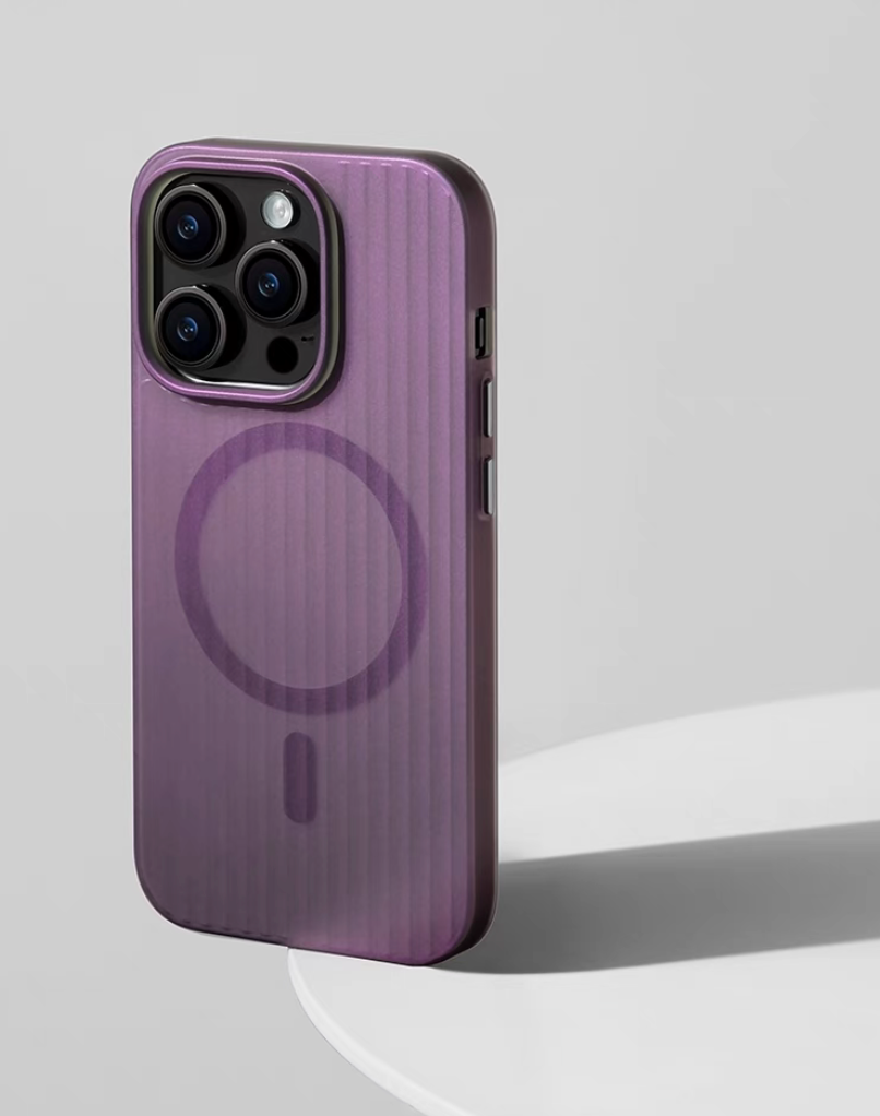 Iridescent purple ribbed magnetic phone case angled standing view highlighting slim profile and elegant matte finish