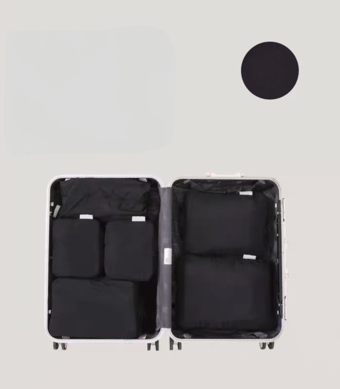 Black Compression Travel Packing Cubes with Shoe and Clothing Organizer Set showing the 7pcs suitcase layout