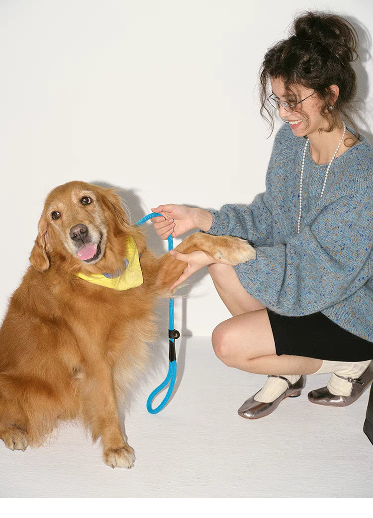 Crystal blue confetti knit sweater styled while playing with a dog emphasizing relaxed fit and casual lifestyle look