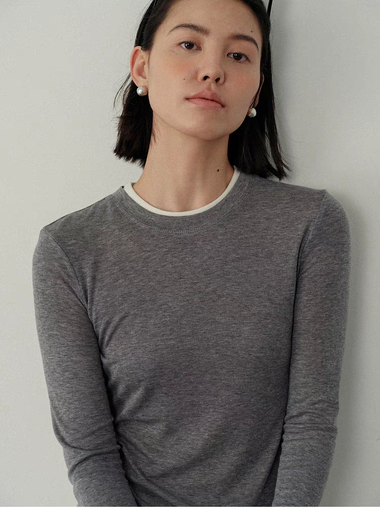 Contrast-Trim Slim-Fit Long-Sleeve Top gray and white close up detail round neckline contrast trim design