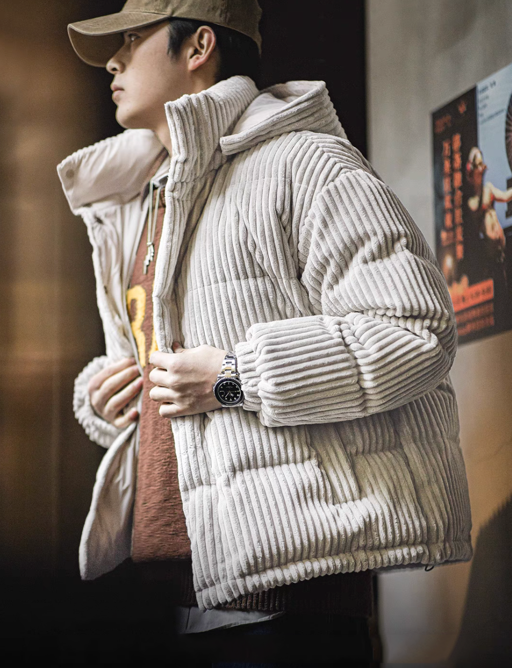 Misty Gray corduroy down jacket close-up showing adjustable collar and thick corduroy insulation detail