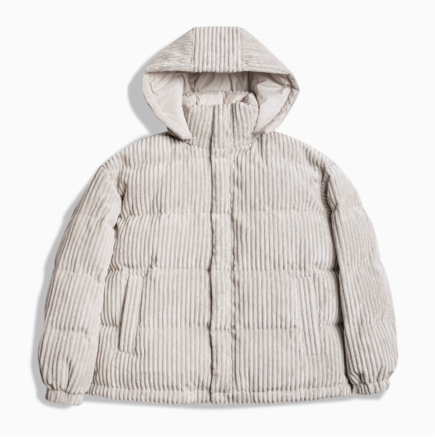Corduroy Down Jacket with Removable Hood in Misty Gray front view showcasing soft tone and padded construction