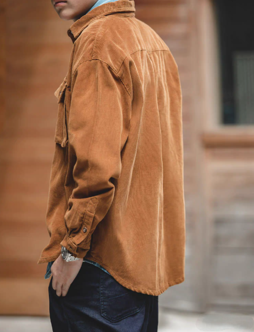 Back view of Amber Corduroy Field Shirt showing relaxed fit and classic workwear silhouette
