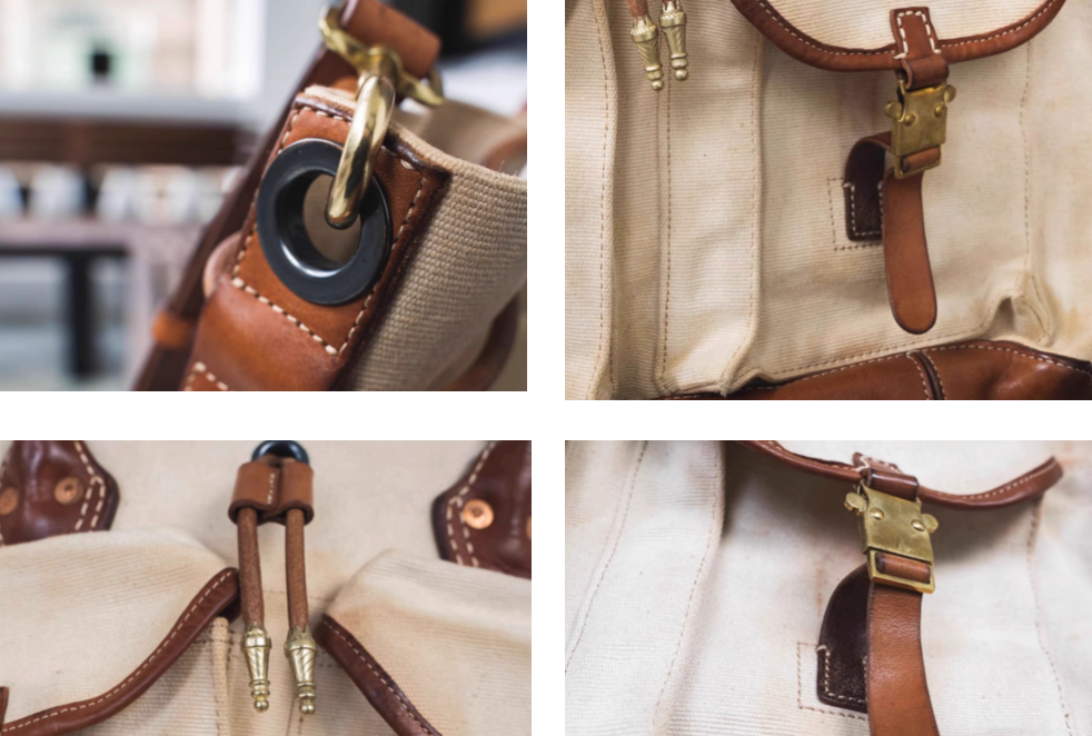 Close-up of brass clasp, drawstring, and stitching details on leather and canvas bag