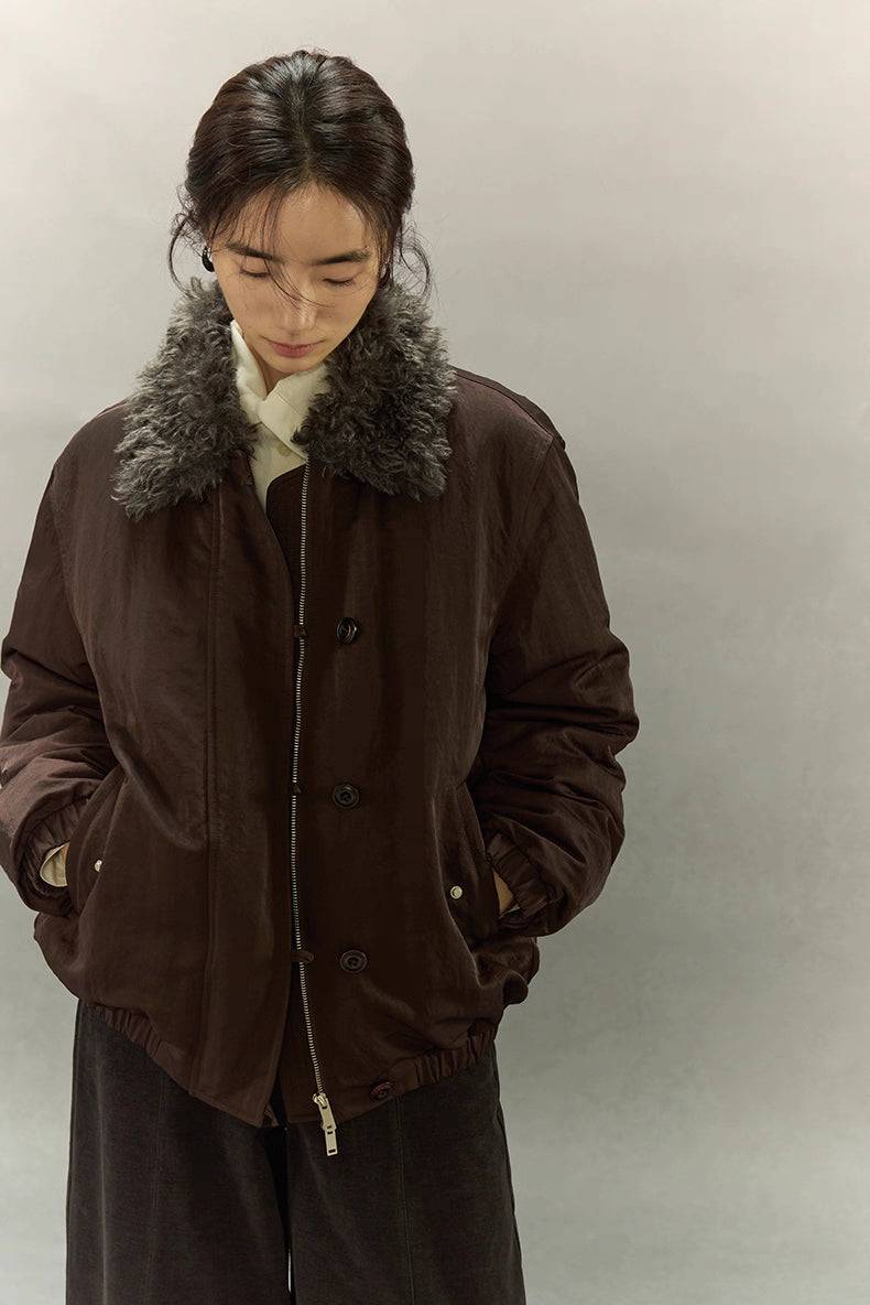 Front view of dark coffee brown sherpa-collar down jacket highlighting zipper and buttons