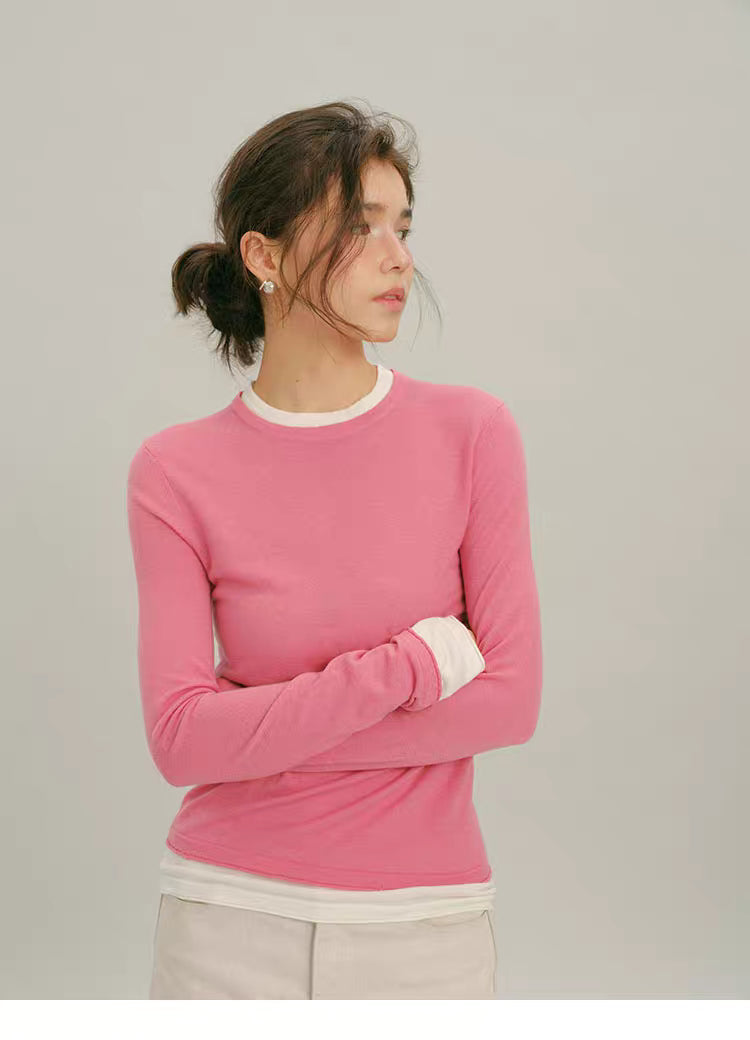 Rose Pink fine wool mock-layered long-sleeve top, front view with arms crossed