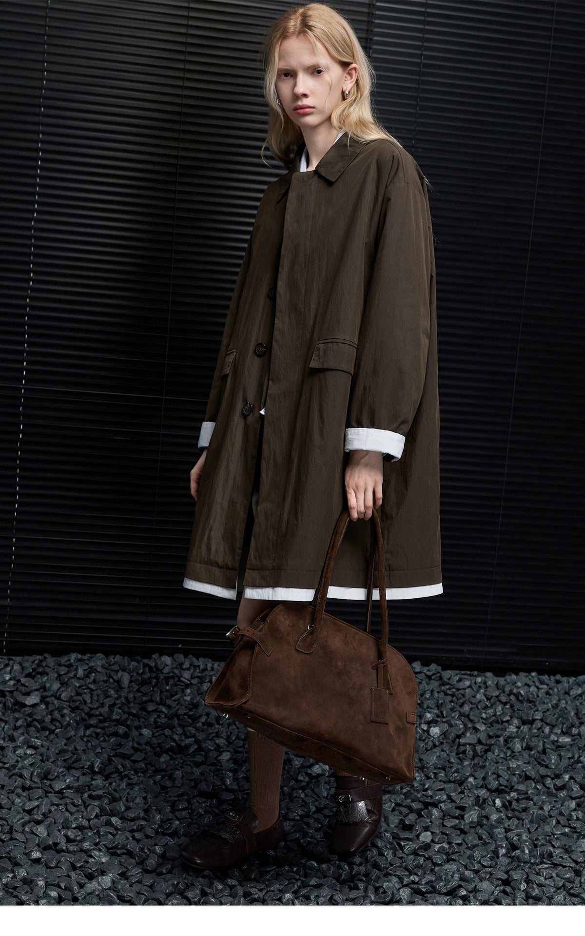 Full-length front view of a Dark Brown faux-layered mac coat with flap pockets and white cuff trim